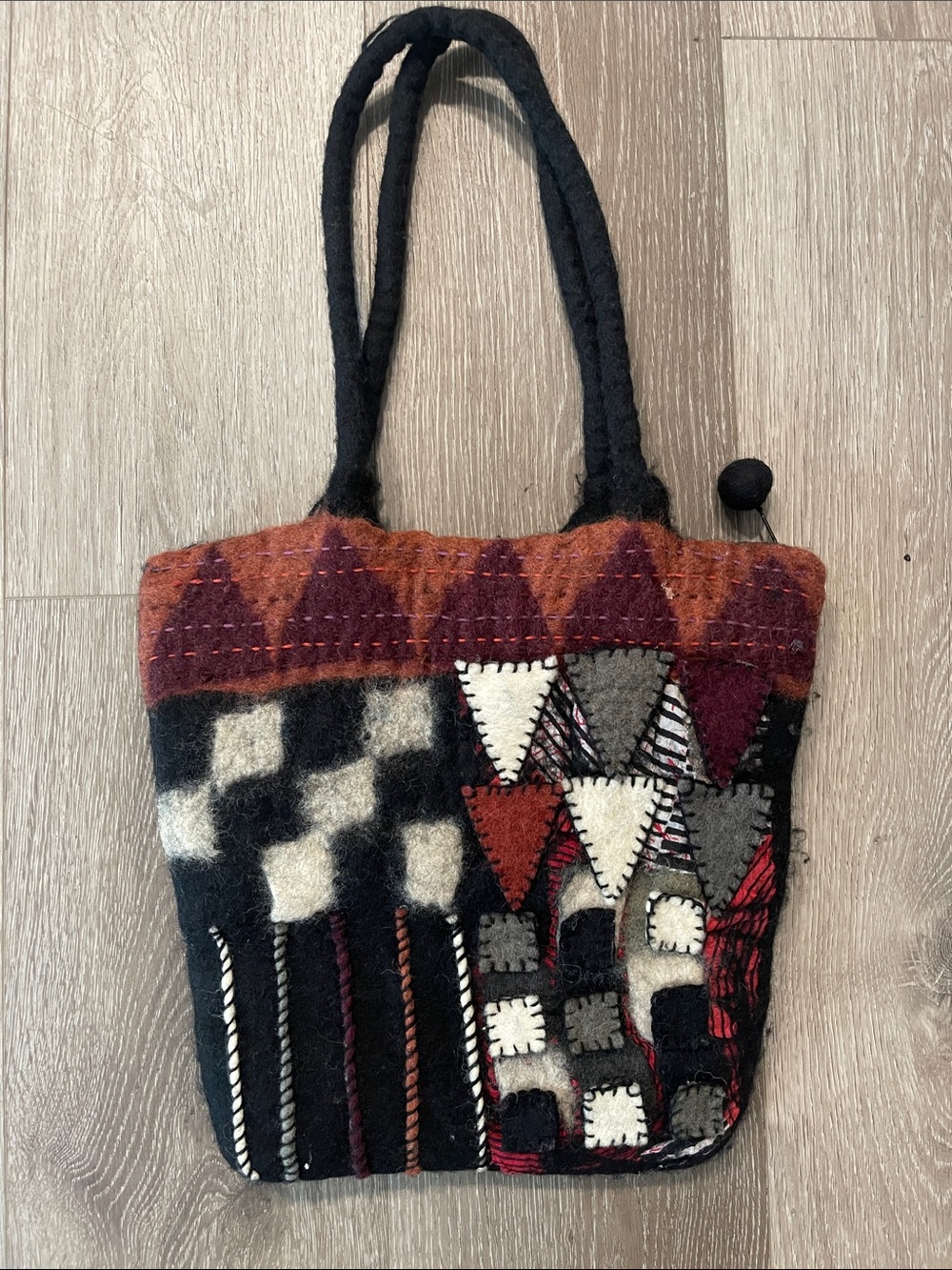 Rising Tide Black, Cream, Rust & Burgundy Wool Patchwork Tote